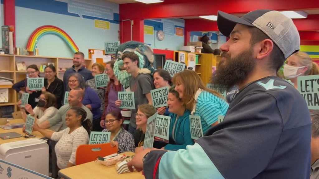 [KING 5] Seattle Kraken’s Buoy surprises elementary teachers with playoff tickets